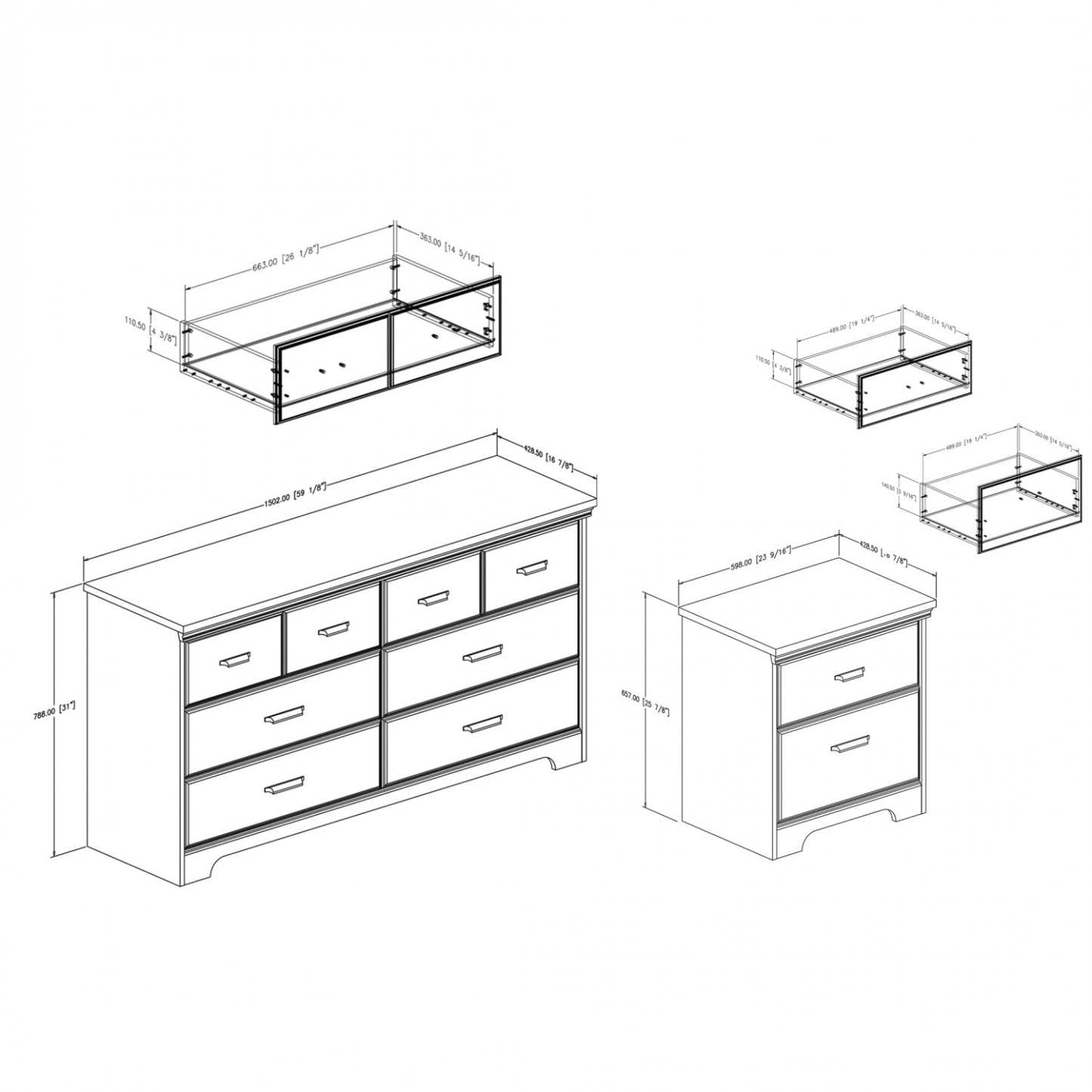 Ensemble commode et table de nuit Versa à 6 tiroirs - Chêne patiné | Versa Ensemble Commode 6 Tiroirs Et Table De Chevet - Chene Vieilli