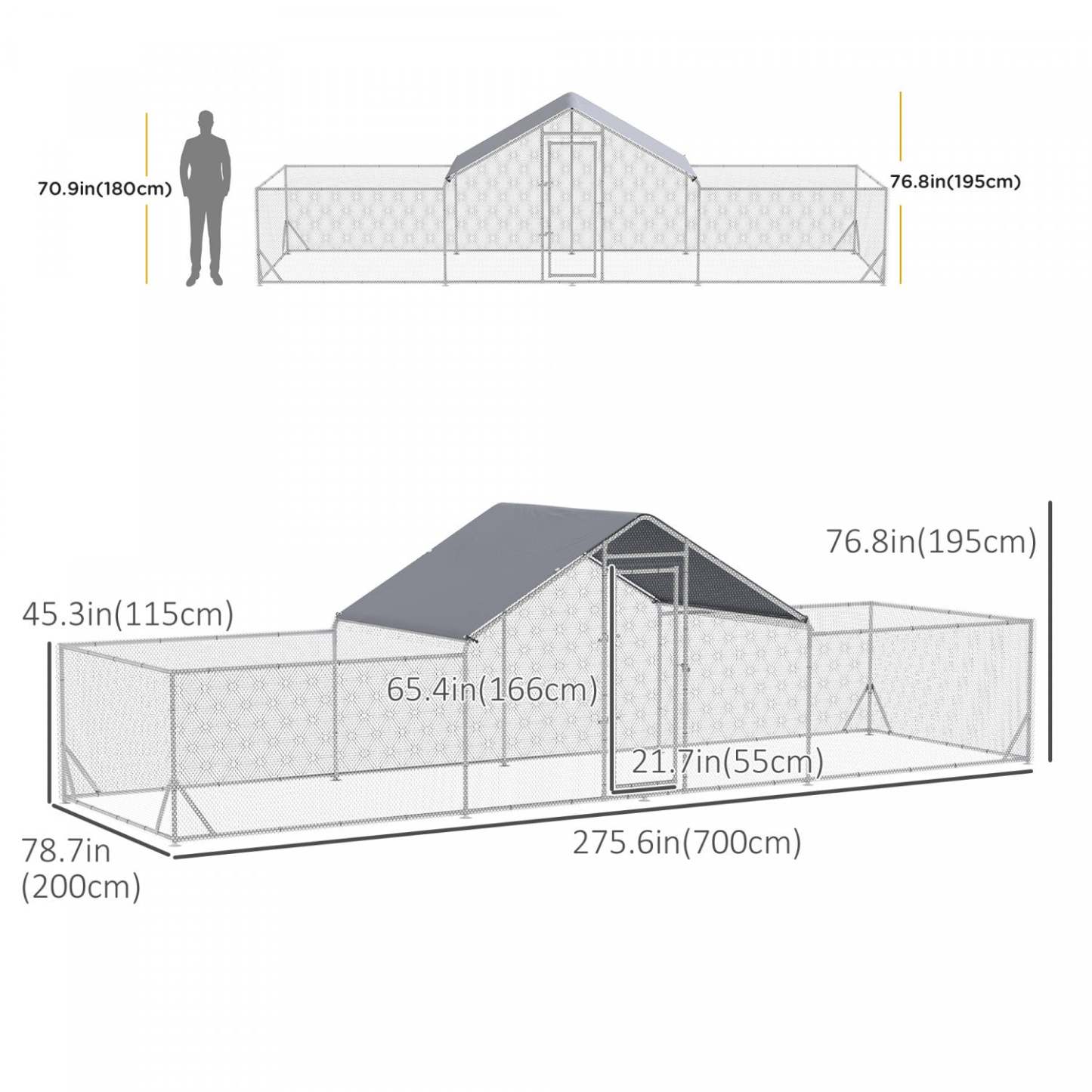 Pawhut Chicken Run, 23' X 6.6' Metal Chicken Coop With Waterproof And Anti-uv Cover, Spire Roof, Doo|Pawhut Grand Poulailler D'extérieur Pour 12 À 14 Poulets, Poulailler En Métal Avec Couvercle Pour Fe
