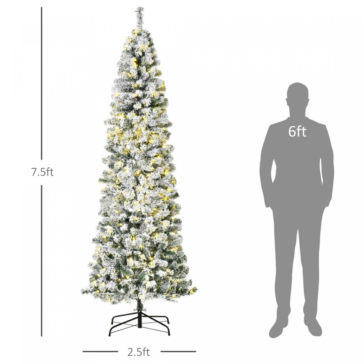 Homcom Arbre De Noël En Forme De Crayon Floqué De Neige Artificielle Pré-éclairé De 7.5 Pieds Avec 350 Lumières LED Blanc Chaud Et 641 Pointes De Branche