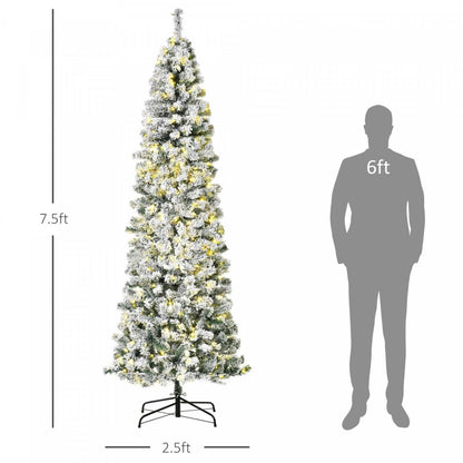 Homcom Arbre De Noël En Forme De Crayon Floqué De Neige Artificielle Pré-éclairé De 7.5 Pieds Avec 350 Lumières LED Blanc Chaud Et 641 Pointes De Branche