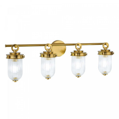 Vanité de salle de bain à 4 lumières Myla, laiton vintage avec lampe en verre nervuré | Luminaire De Salle De Bain A 4 lampes Myla, Laiton Retro Et Verre Nervure
