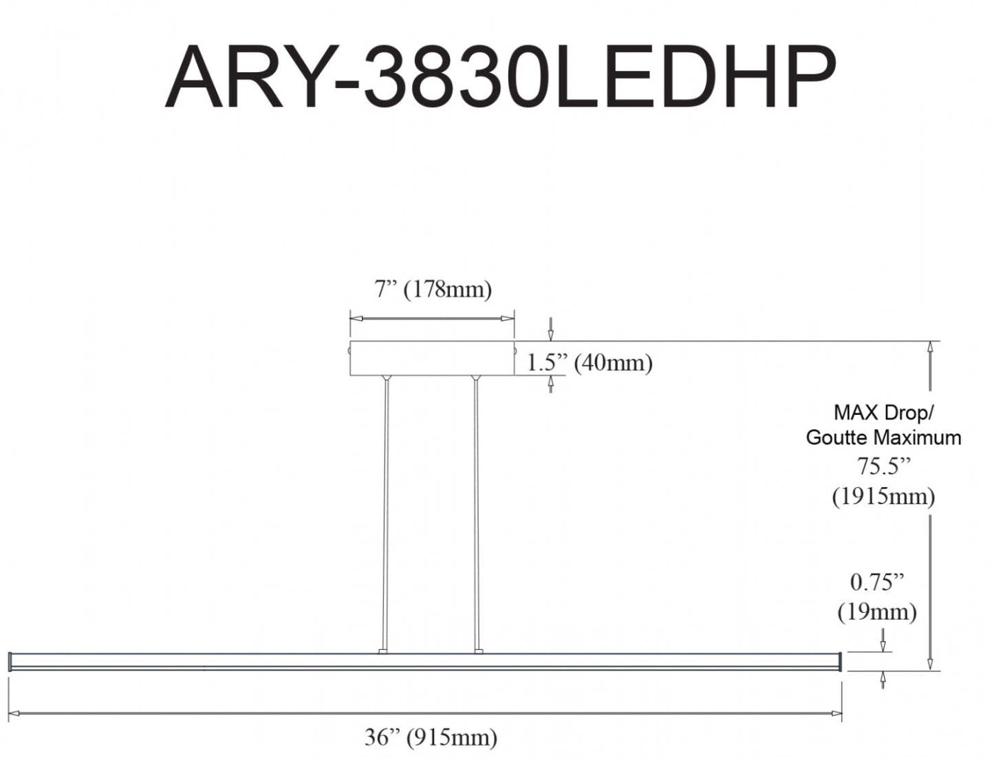 Dainolite Array LED Horizontal Pendant 30w 36 Matte Black Finish White Acrylique Diffuseur Lampe|Luminaire suspendu horizontal Array de Dainolite de 36 po en acrylique blanc qui diffuse la lumière, avec fini noir mat et ampoule à DEL de 30 W