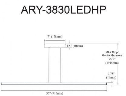 Dainolite Array LED Horizontal Pendant 30w 36 Matte Black Finish White Acrylique Diffuseur Lampe|Luminaire suspendu horizontal Array de Dainolite de 36 po en acrylique blanc qui diffuse la lumière, avec fini noir mat et ampoule à DEL de 30 W