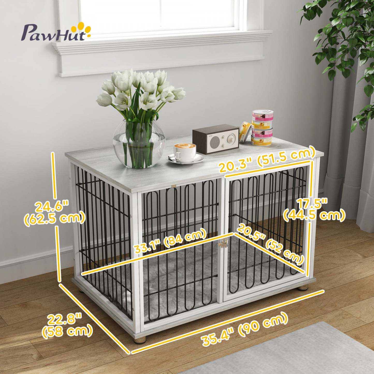 Pawhut Meuble De Cage De Chien De 35 Pouces Avec Coussin Lavable, Table D'appoint Pour Niche D'intérieur Avec Pie