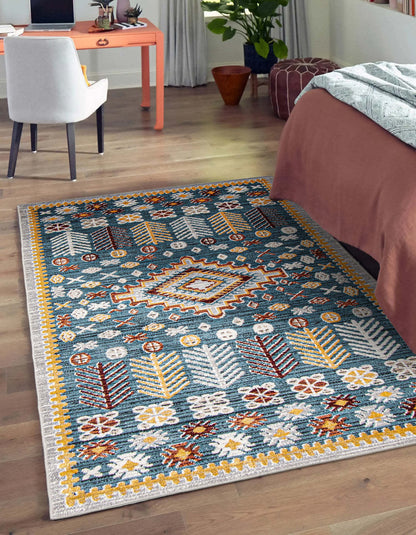 Tapis bleu gypsy lavable en machine - 8'0 x 10'0|Carpette Gypsy bleue lavable à la machine - 8'0 x 10'0|D86FVNZV