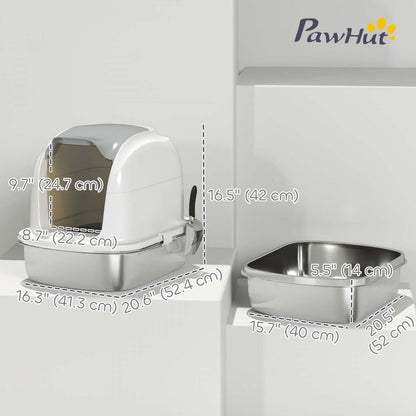 Pawhut Grande Boîte à Litière en Acier Inoxydable avec Couvercle, Grande Boîte à Litière Fermée pour Chats avec Couvercle Rabattable, Hauts Bords, Pelle, Sans Odeur, Facile à Nettoyer, Anti-fuite d'urine