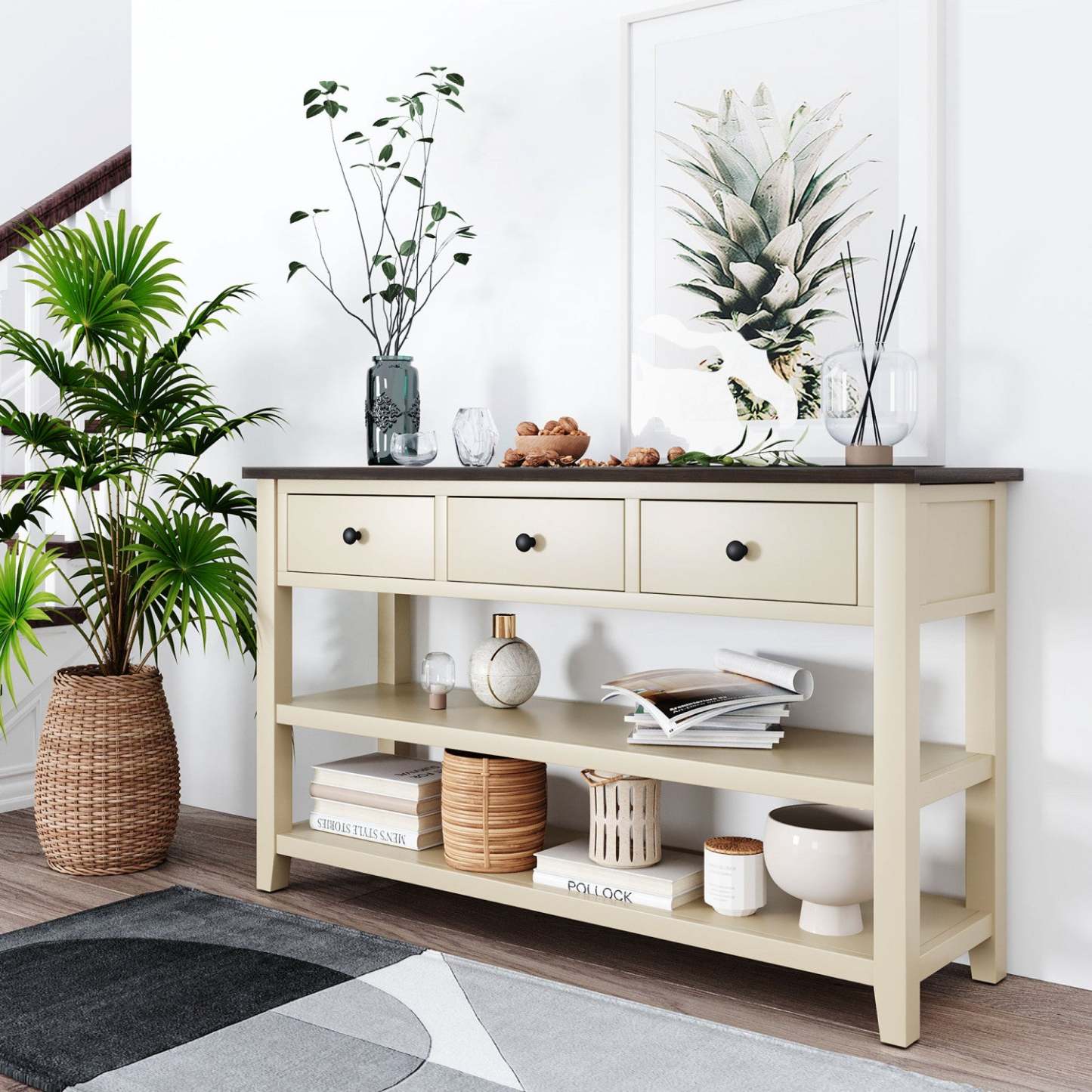 Wendy Table console en bois massif avec 3 tiroirs et 2 étagères ouvertes, armoire d'appoint beige | Console Wendy En Bois Massif Avec 3 Tiroirs Et 2 Etageres Ouvertes, Beige