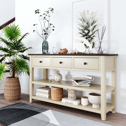 Wendy Table console en bois massif avec 3 tiroirs et 2 étagères ouvertes, armoire d'appoint beige | Console Wendy En Bois Massif Avec 3 Tiroirs Et 2 Etageres Ouvertes, Beige