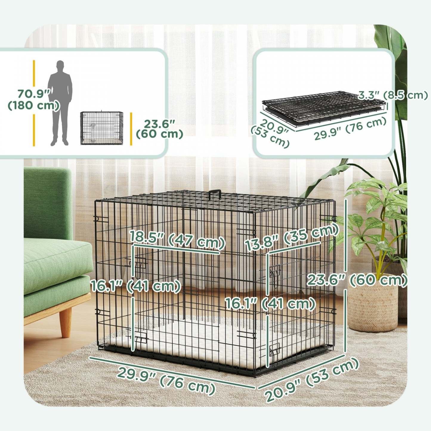 Caisse pour chien Pawhut, 30 caisses en métal pliable avec 2 portes, plateau amovible, coussin doux, poignée, cage pour animaux de compagnie pour petits chiens, noir