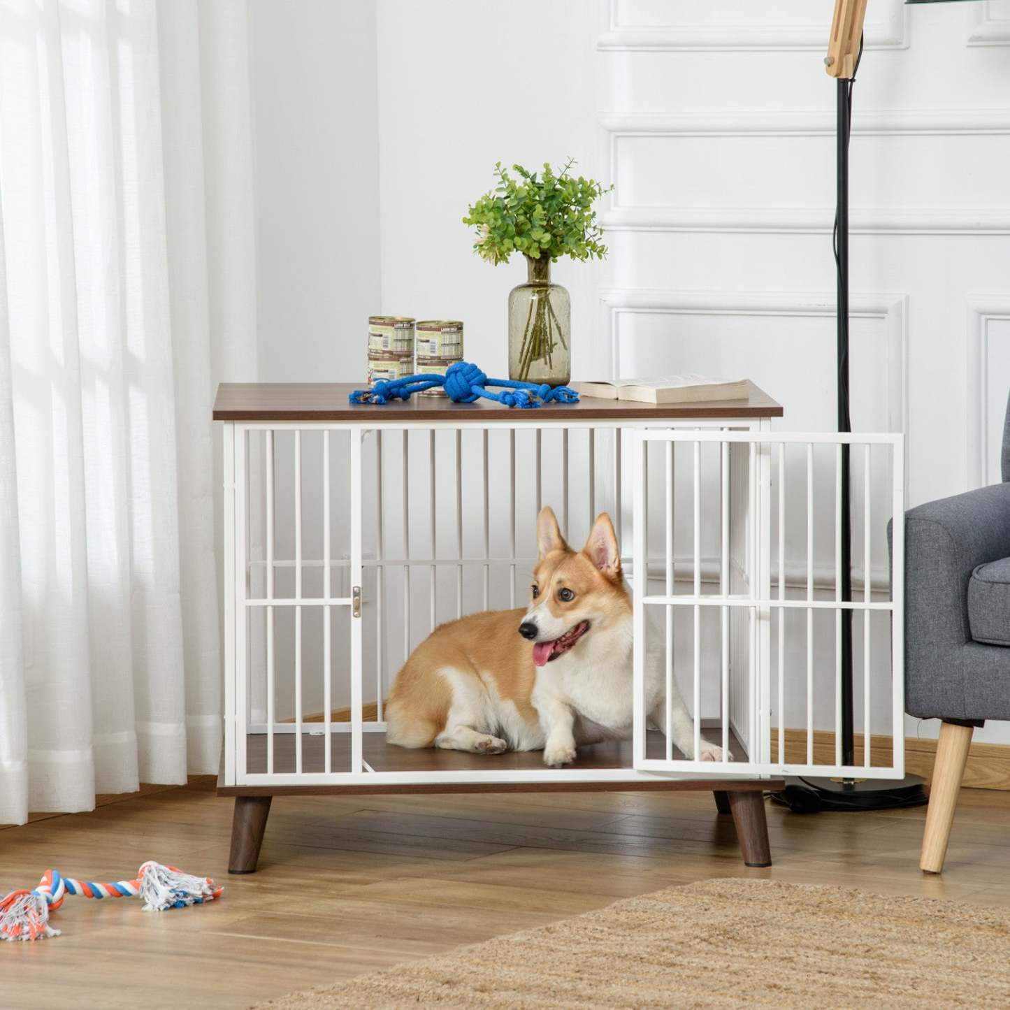 Pawhut Cage Pour Chien, Style Mobilier Cage Pour Animaux, Table de Chevet, Maison Pour Chien Décorative, Avec Coussin Doux|Pawhut Cage Pour Chien Moyens Animaux Avec Coussin Amovible Lavable Porte Verrouillable Avec Loquet