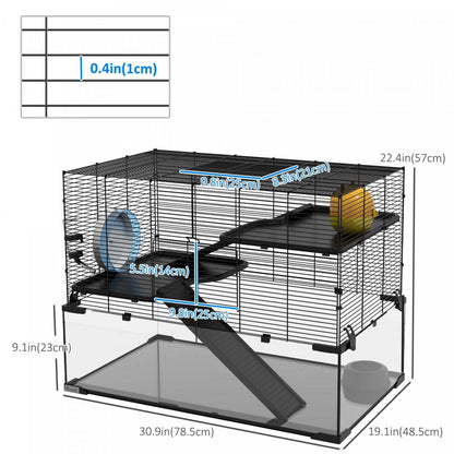 Pawhut Hamster Cage, Cage à Gerbilles Avec Bassin En Verre, Rampes, Plates-formes, Cabane, Roue D'Exercice, Pour Syrien