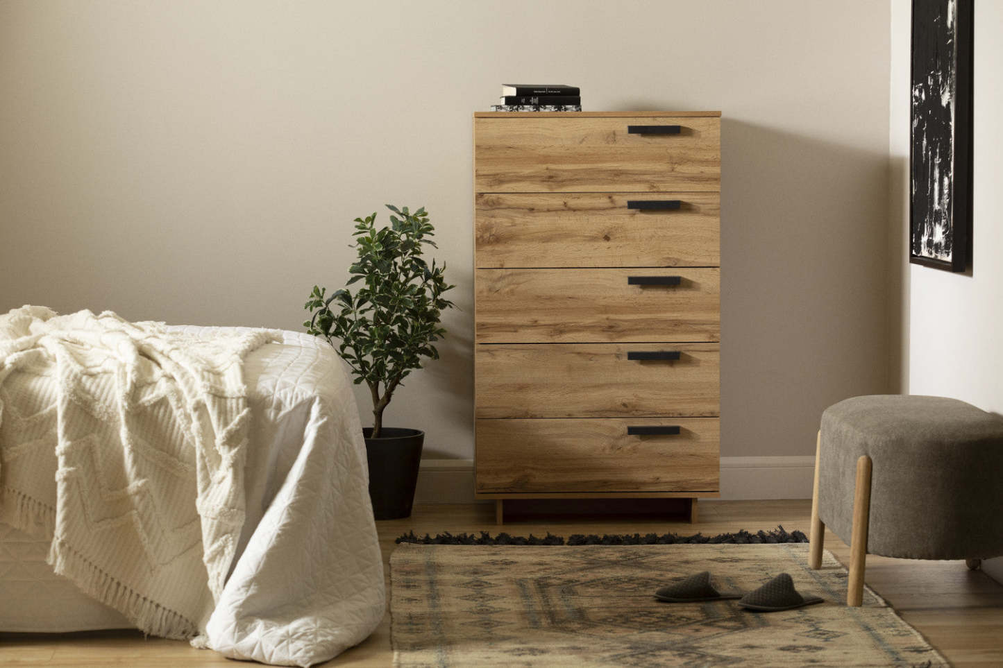 Meuble de rangement commode 5 tiroirs Cavalleri - Chêne Nordik|Commode verticale de rangement Cavalleri à 5 tiroirs - chêne nordique