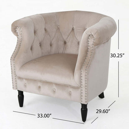 Chaise en tissu velours Akira avec capitonnage à boutons et garniture cloutée - Champagne | Fauteuil Akira En Tissu Velours Avec Capitonnage À Boutons Et Bordure Clouée - Couleur Champagne