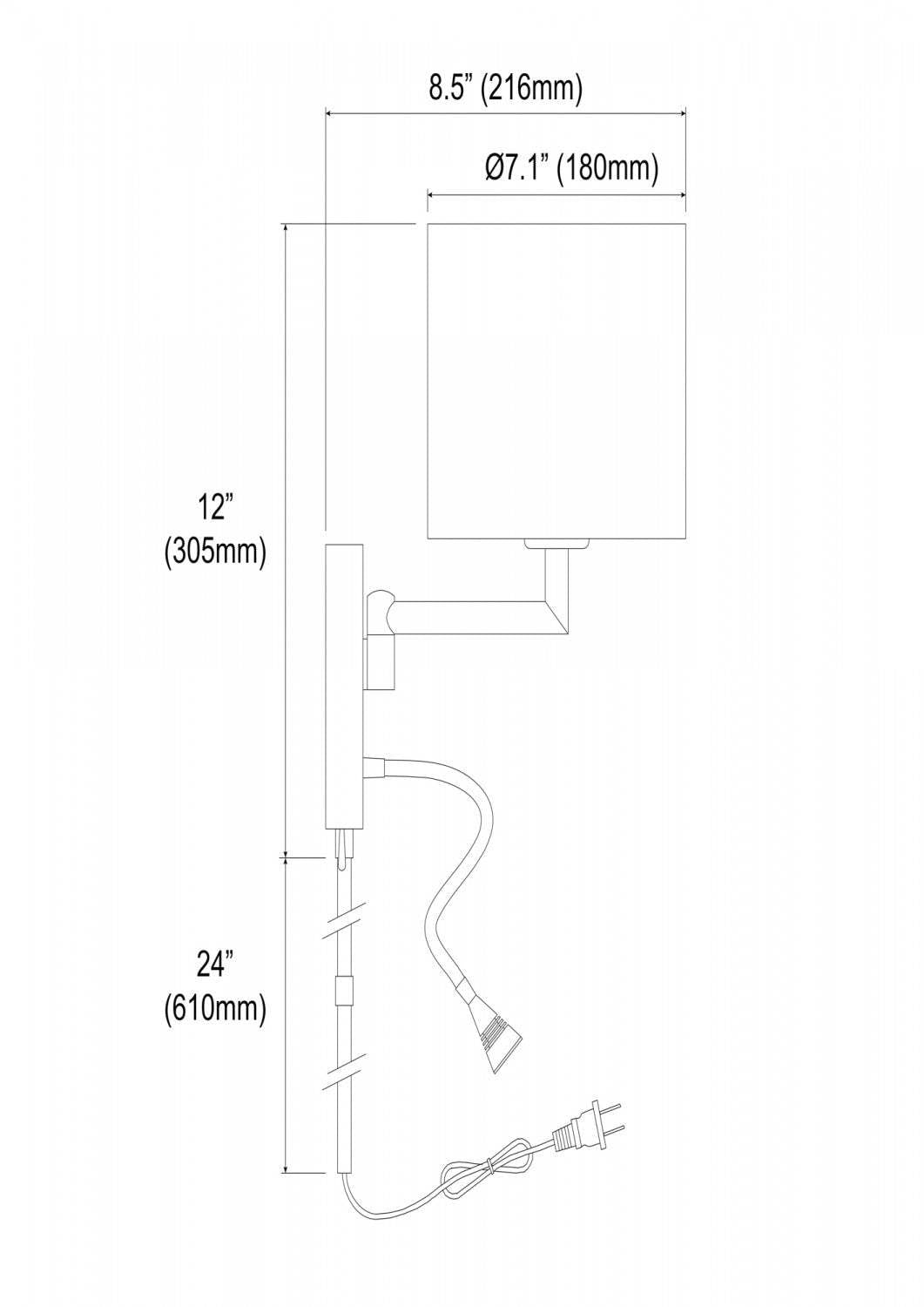 Dainolite LED Reading Light 1 Light LED Wall Sconce Poli Chrome Finish White Shade Lamp|Applique murale de Dainolite avec lampe de lecture à DEL, abat-jour blanc, fini chromé poli et 1 ampoule