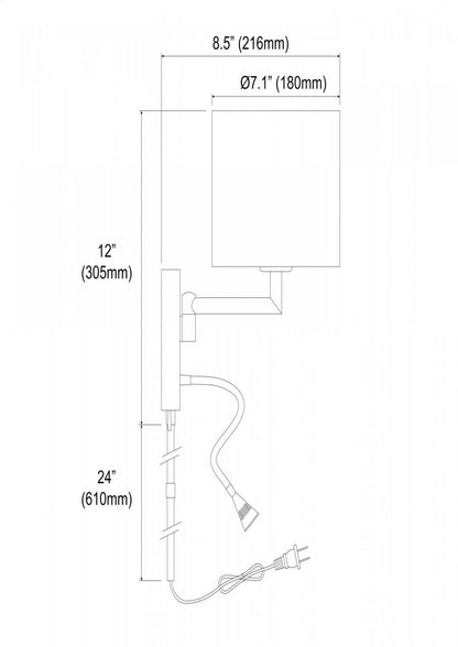 Dainolite LED Reading Light 1 Light LED Wall Sconce Poli Chrome Finish White Shade Lamp|Applique murale de Dainolite avec lampe de lecture à DEL, abat-jour blanc, fini chromé poli et 1 ampoule