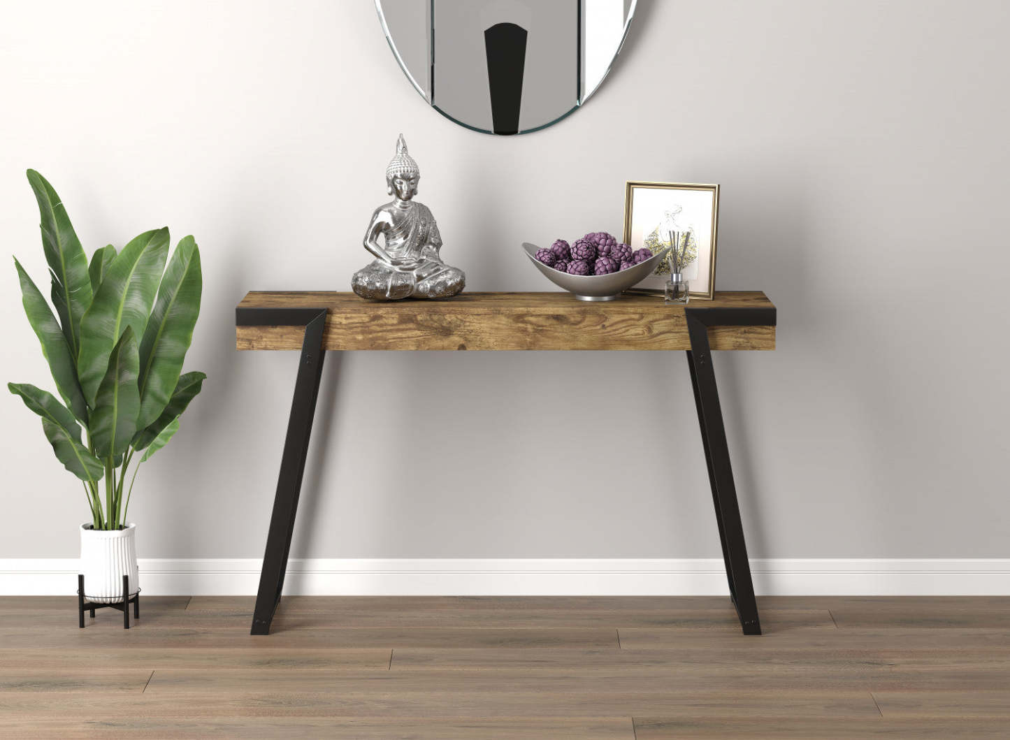 Console étroite de 47 po avec tablette de rangement - bois recyclé brun avec métal noir