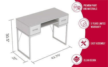 Bureau d'ordinateur 43" avec 2 tiroirs et 1 tablette - Gris foncé avec base en métal noir | Bureau d'ordinateur de 43 po avec 2 tiroirs et 1 tablette - gris foncé avec base en métal noir