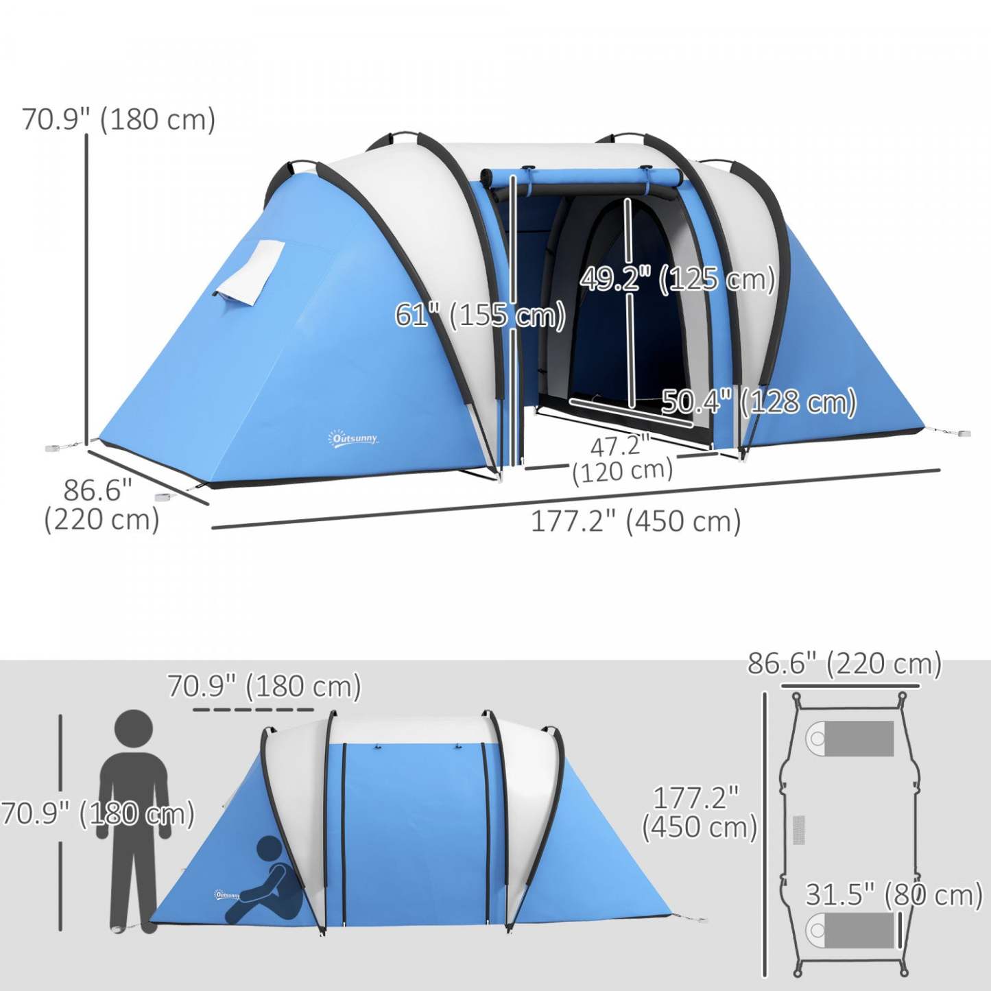 Outsunny Tente De Camping Avec 2 Chambres Et Coin Salon, Etanche 3 000 Mm