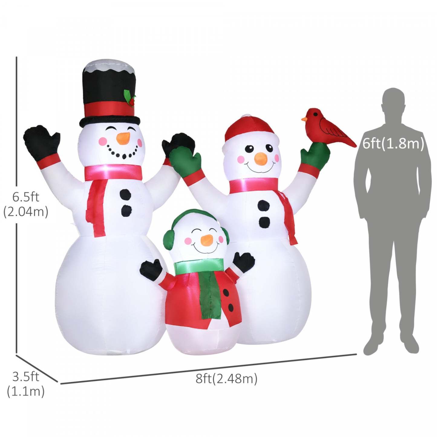 Outsunny Famille De Bonhomme De Neige Gonflable De 8ft Avec Oiseau Rouge Pour Pelouse