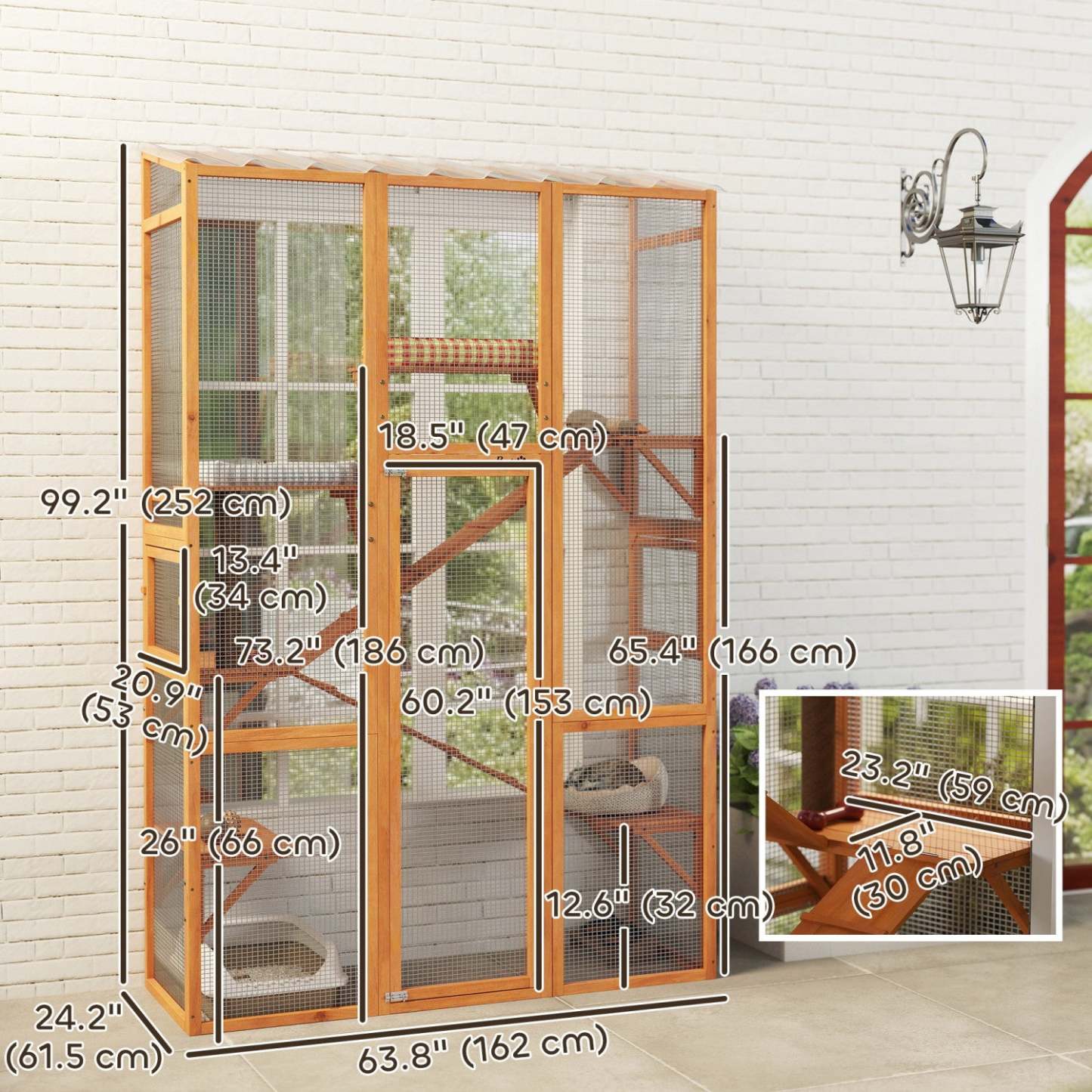 Catio Pawhut Enclos extérieur pour chats, grande maison en bois avec 6 plateformes de saut, poteau à gratter, 2 rampes, toit étanche, cage extérieure pour 2-3 chatons, 64 X 24 X 99