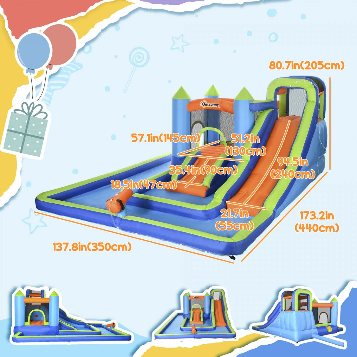 Outsunny Château Gonflable 5 En 1 Enfants Avec Double Toboggans Piscine Trampoline Mur D'escalade Canon à Eau