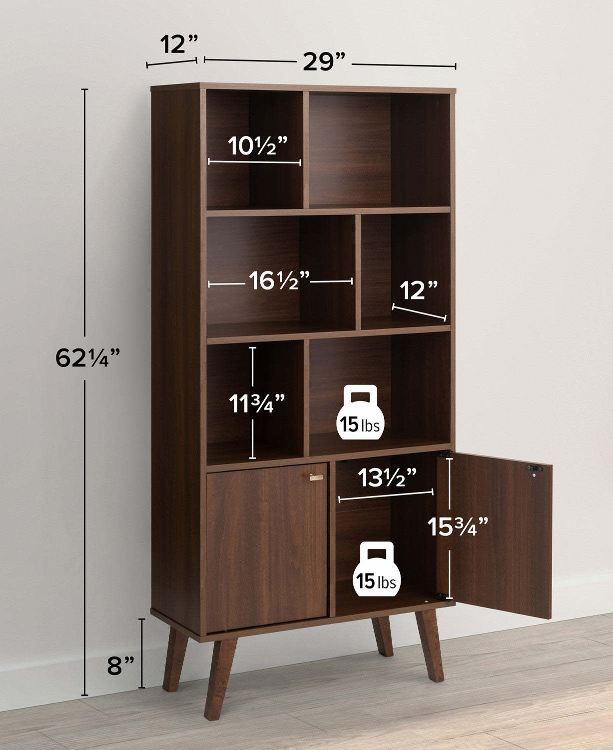 Bibliothèque moderne Milo Mid-Century avec 6 étagères, 2 portes et boutons au fini laiton brossé - Cerisier|Bibliothèque moderne du milieu du 20e siècle Milo avec 6 tablettes, 2 portes et poignées au fini laiton brossé - cerisier