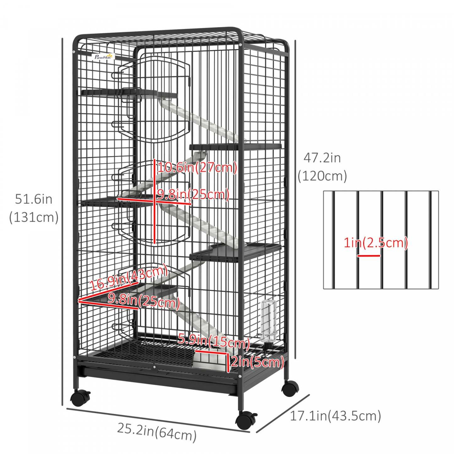 Pawhut Cage Pour Petits Animaux À 6 Niveaux Pour Lapins, Furets, Chinchillas Sur Roues Avec Plateau Amovible