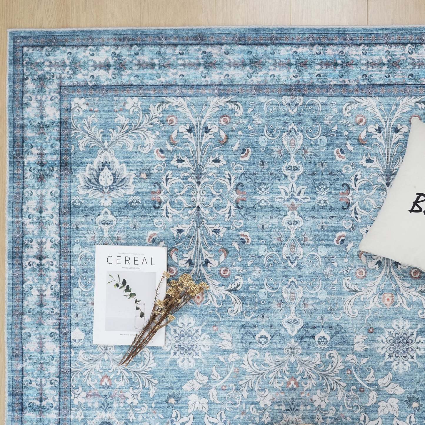 Aqua Green Flora Tapis lavable antidérapant à poils courts 5' x 7' | Tapis Vert Floral Lavable Antidérapant à Poils Ras 5'x7'