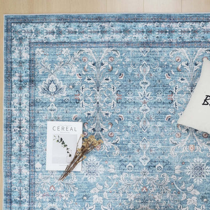 Aqua Green Flora Tapis lavable antidérapant à poils courts 5' x 7' | Tapis Vert Floral Lavable Antidérapant à Poils Ras 5'x7'