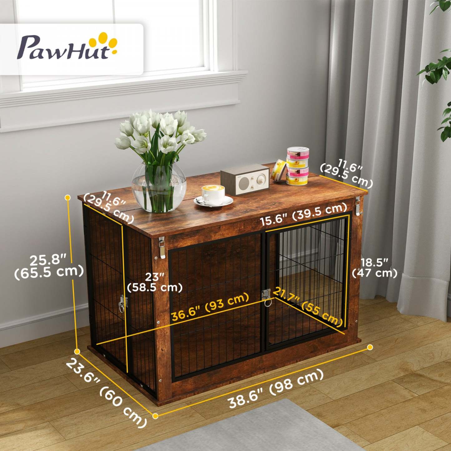 Pawhut Meuble De Niche Pour Chien De 39 Avec Ouverture Supérieure Rabattable, 2 Portes, Table D'app
