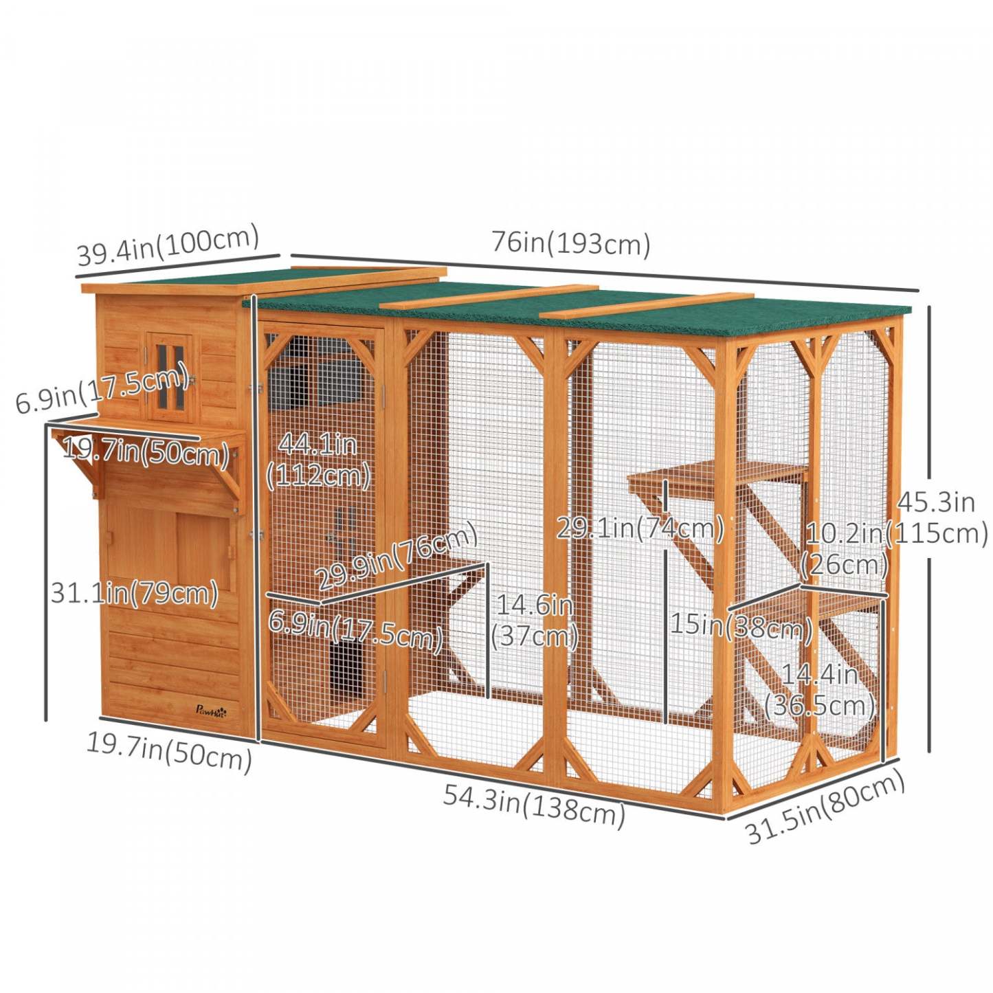 Pawhut Maison en Bois pour Chats, 76l Maison de Chats Extérieure avec Toit en Asphalte, Plates-formes, Portes Verrouillables, Condo de Repos à 3 Niveaux, Fenêtre d'Observation, Pour 2-3 Chats, Orange