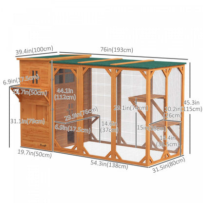 Pawhut Maison en Bois pour Chats, 76l Maison de Chats Extérieure avec Toit en Asphalte, Plates-formes, Portes Verrouillables, Condo de Repos à 3 Niveaux, Fenêtre d'Observation, Pour 2-3 Chats, Orange