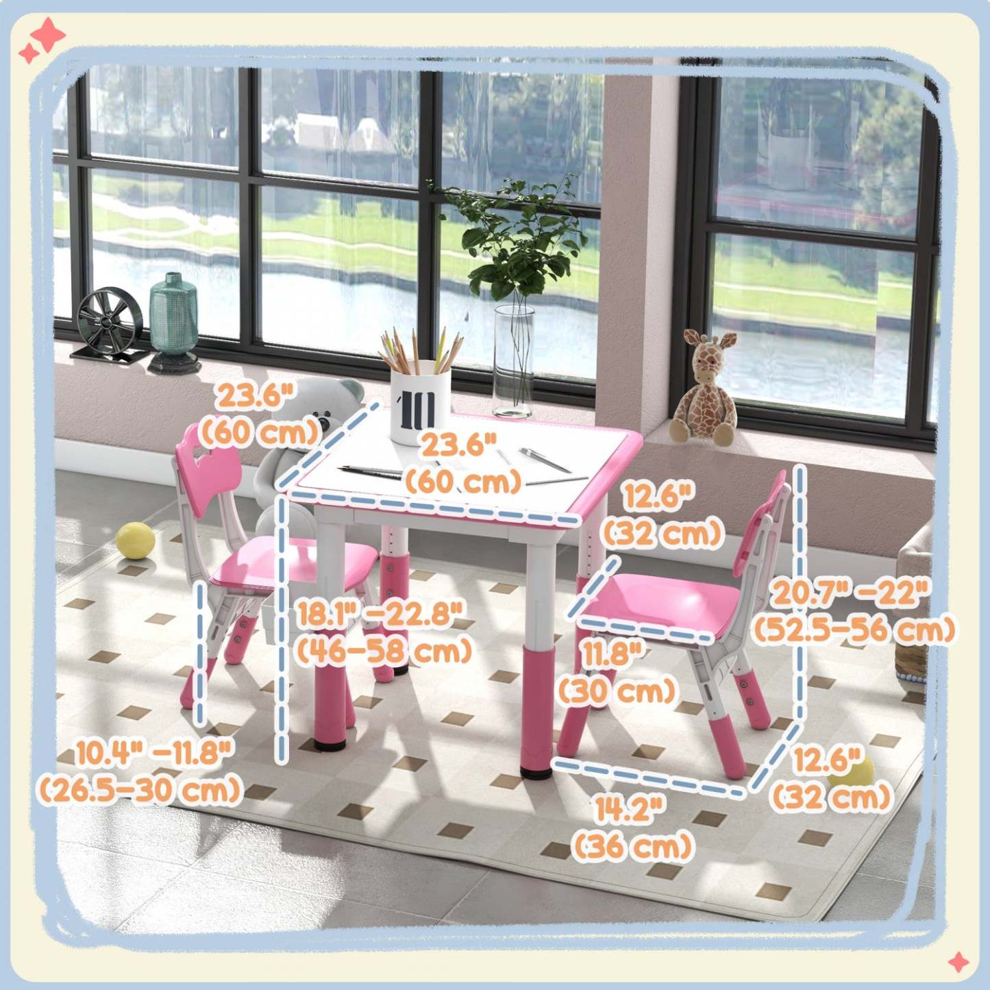 Qaba Ensemble Table Et Chaises Pour Enfants, 3 Pcs, Table Et Chaises Réglables En Hauteur Avec Range