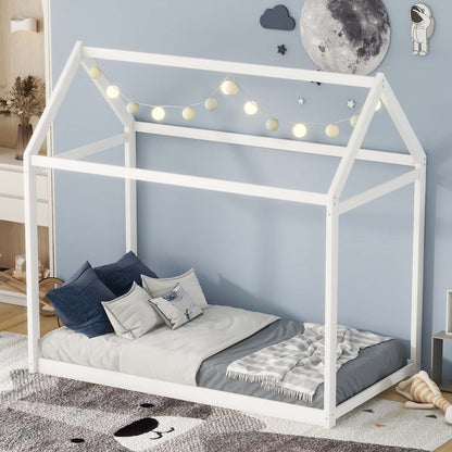 Lit maison en bois massif au design facile à nettoyer Susan avec cadre de toit, taille simple - Blanc | Lit De Maison En Bois Massif Au Design Facile A Nettoyer Avec Cadre De Toit, Taille Simple - Blanc