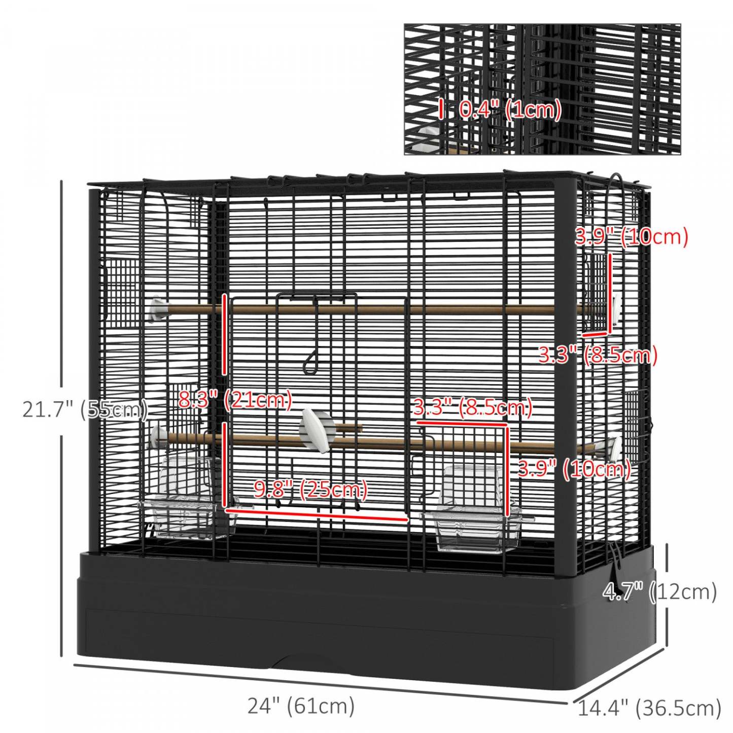 Pawhut 22 Cage à Oiseaux Pour Perruche, Pinsons, Canaris, Perroquets Amoureux, Grande Cage à Perroquet Avec Supports en Bois, Plateau Amovible, Poignée, Contenants Alimentaires, Noir