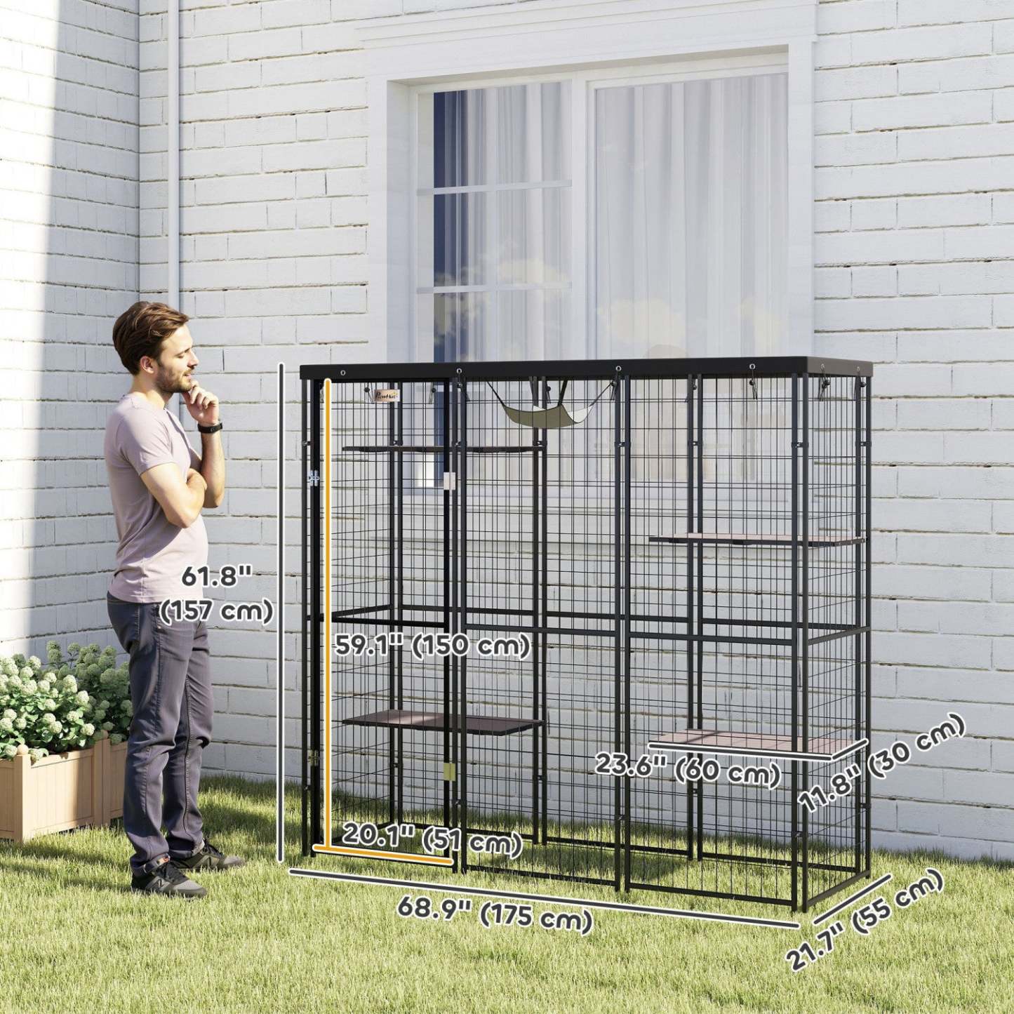 Pawhut Catio Enclos extérieur pour chats, Maison pour chats en fil soudé avec couverture imperméable, 4 plateformes de saut, hamac, cage pour chats d'intérieur pour 1 à 3 chatons, 69 X 22 X 62, Noir