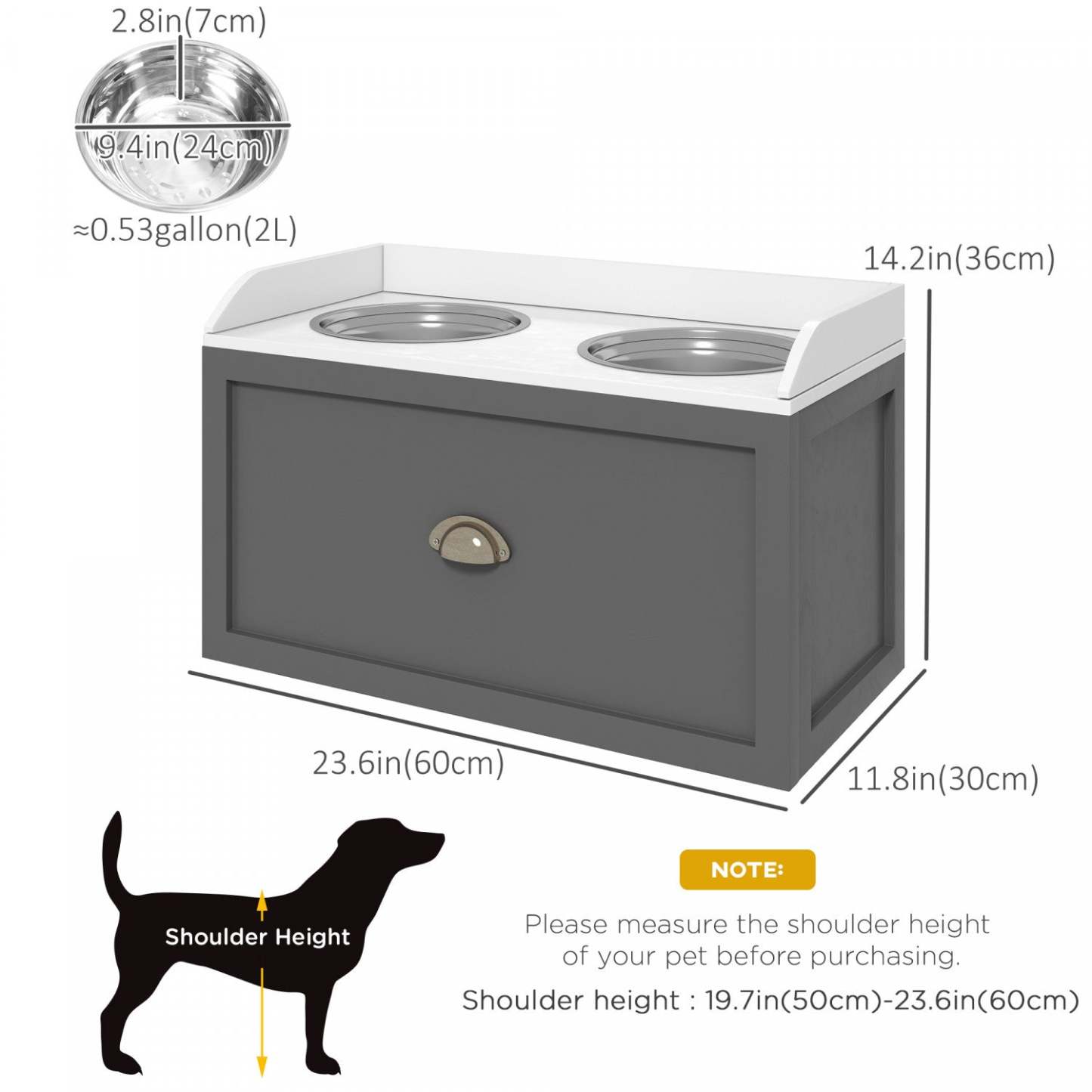 Pawhut Grandes Gamelles Surélevées Pour Chiens Grands, Station De Nourriture Pour Animaux Élevées Avec 2 Gamelles En Acier Inoxydable, H|Pawhut Grandes Gamelles Surélevées Pour Chien Avec Tiroir De Rangement D'une Capacité De 21 L, Stati