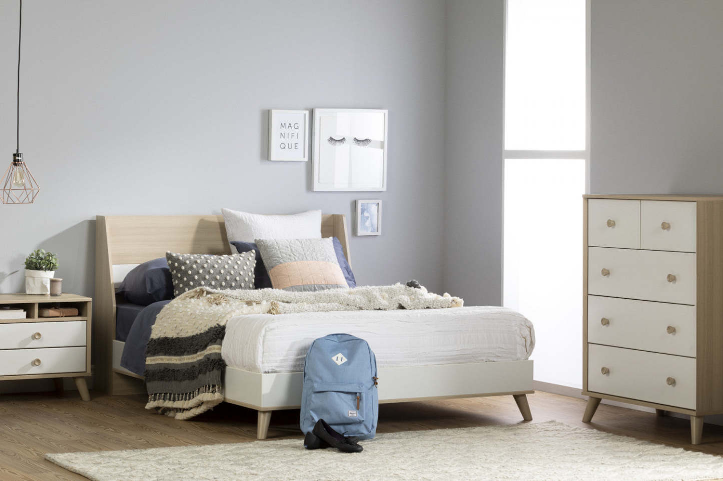 Meuble de rangement coffre 5 tiroirs Yodi - Soft Elm White|Commode verticale de rangement Yodi à 5 tiroirs - orme naturel et blanc