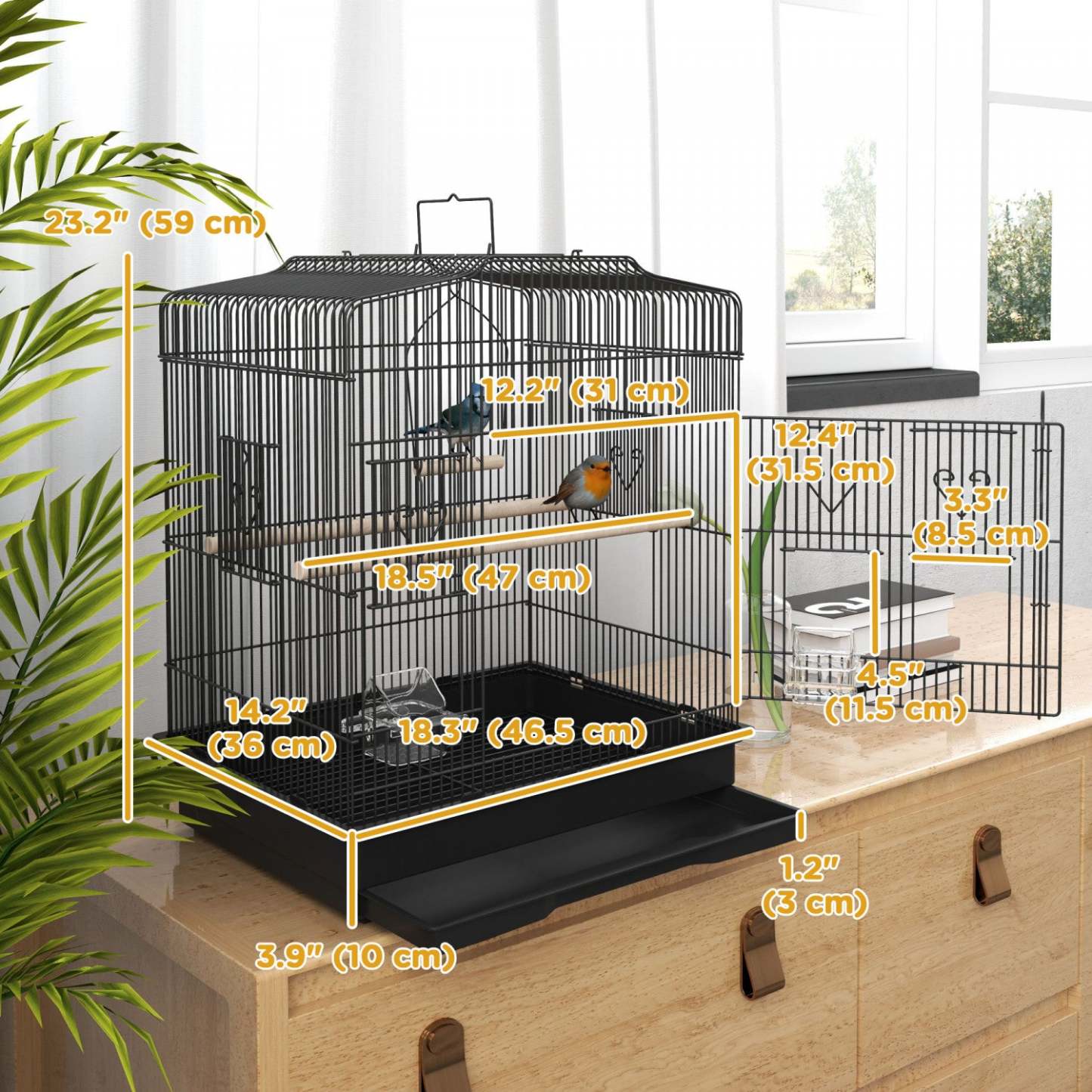 Pawhut 23 Cage à Oiseaux pour Pinsons, Canaris, Perruches, Cage à Perroquet avec Accessoires et Poignée, Noir