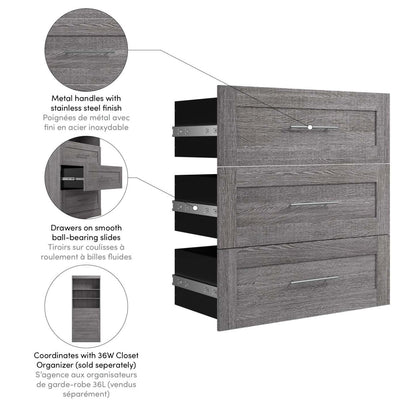 Bestar Pur 3 Drawer Set for 36 W Closet Organizer - Bark Grey|Ensemble de 3 tiroirs Pur de Bestar pour organisateur de garde-robe de 36 po (L) - gris écorce