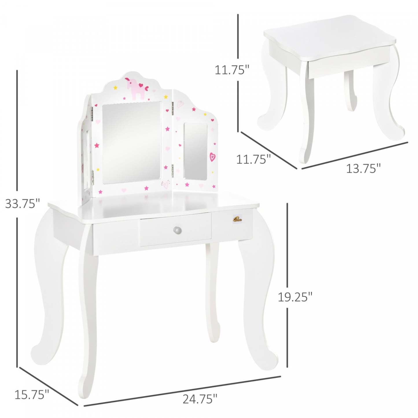 Qaba Kids Vanity Table & Stool Girls Dressing Set Make Up Desk With Tri-folding Mirrors Drawer Star | Qaba Coiffeuse Et Tabouret Pour Enfants Ensemble De Coiffure Pour Filles Bureau De Maquillage Avec Miroirs Tri-pliables Tiroir Étoile