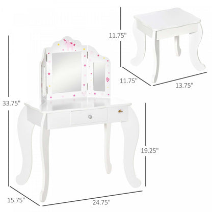 Qaba Kids Vanity Table & Stool Girls Dressing Set Make Up Desk With Tri-folding Mirrors Drawer Star | Qaba Coiffeuse Et Tabouret Pour Enfants Ensemble De Coiffure Pour Filles Bureau De Maquillage Avec Miroirs Tri-pliables Tiroir Étoile