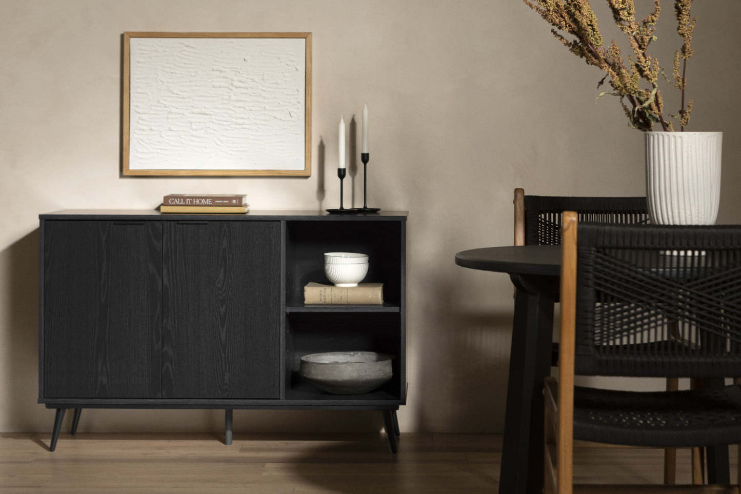 Armoire d'appoint à 2 portes Mezzy avec rangement ouvert - Chêne noir | Armoire décorative Mezzy à 2 portes avec rangement ouvert - chêne noir