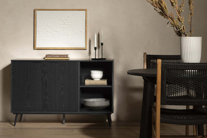 Armoire d'appoint à 2 portes Mezzy avec rangement ouvert - Chêne noir | Armoire décorative Mezzy à 2 portes avec rangement ouvert - chêne noir