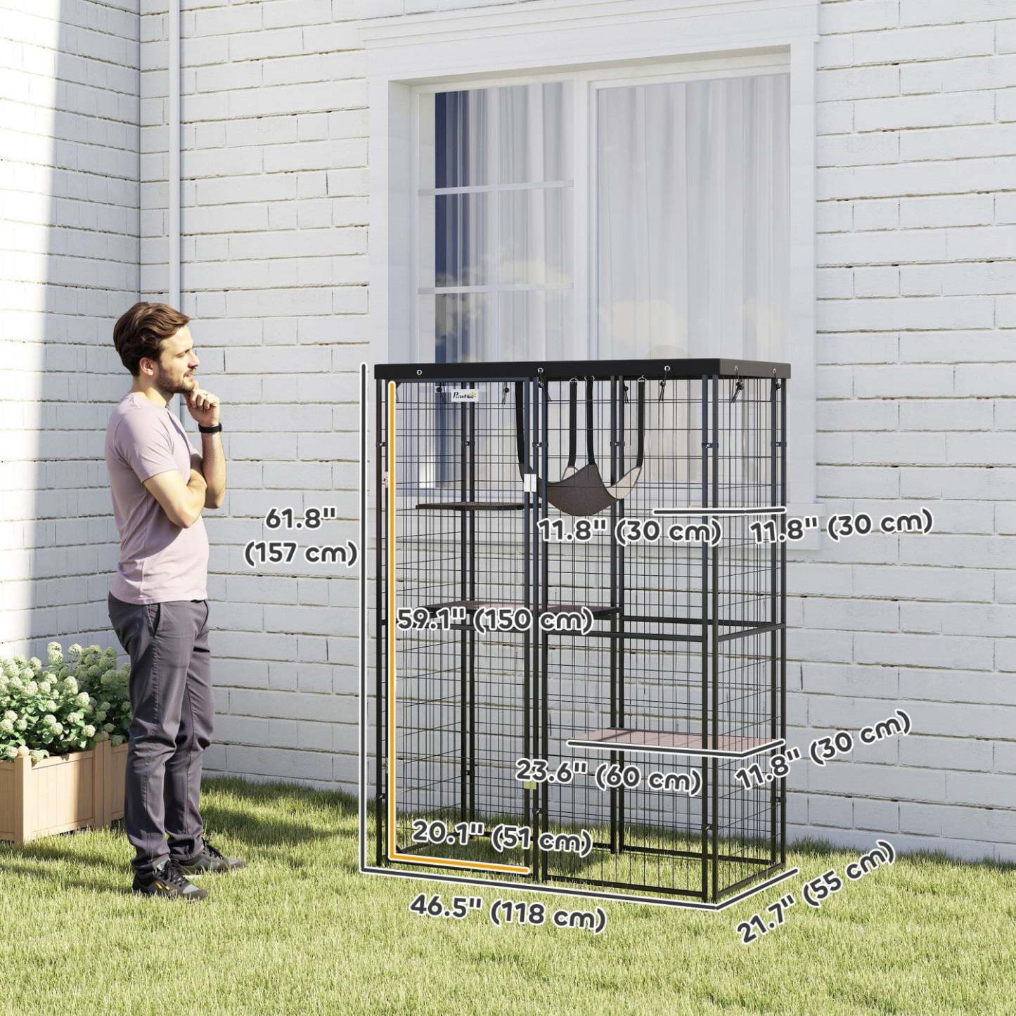 Catio Pawhut Enclos extérieur pour chats, Maison pour chats en fil soudé avec couverture imperméable, 4 plateformes de saut, hamac, cage pour chats d'intérieur pour 1 à 3 chatons, 46,5 x 22 x 62, noir