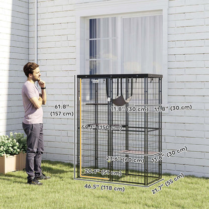 Catio Pawhut Enclos extérieur pour chats, Maison pour chats en fil soudé avec couverture imperméable, 4 plateformes de saut, hamac, cage pour chats d'intérieur pour 1 à 3 chatons, 46,5 x 22 x 62, noir