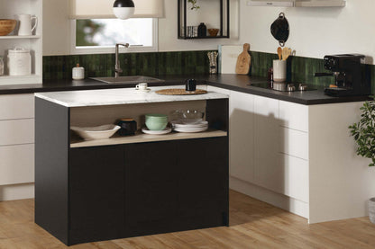 Olio Ilot De Cuisine Avec Rangement Ouvert - Noir Mat Et Faux Marbre Blanc