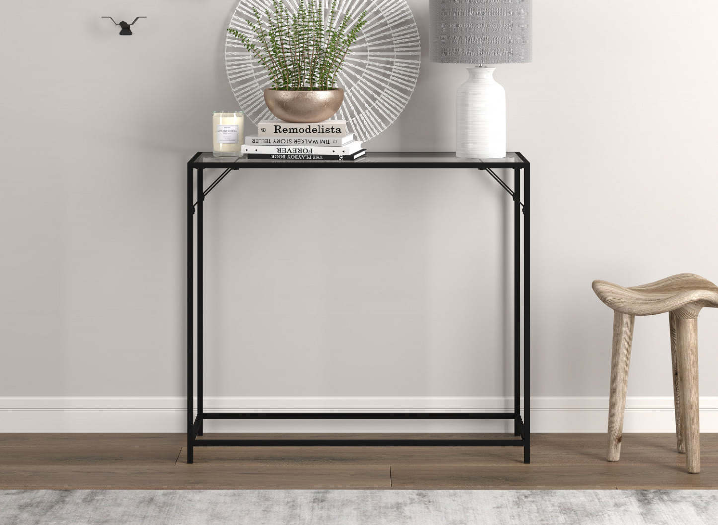 Console moderne de 31 po avec verre trempé et métal noir