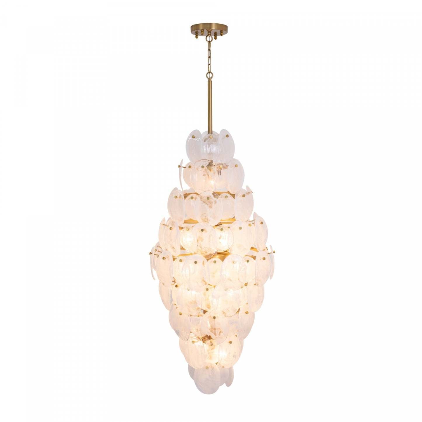 Lustre A 15 lampes Lily, Laiton Brosse Et Verre Genre Murano Blanc Vaporeux