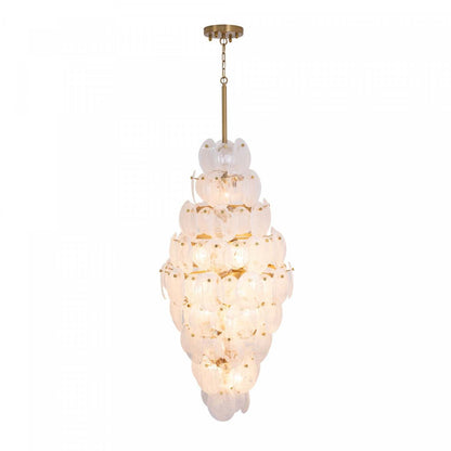 Lustre A 15 lampes Lily, Laiton Brosse Et Verre Genre Murano Blanc Vaporeux